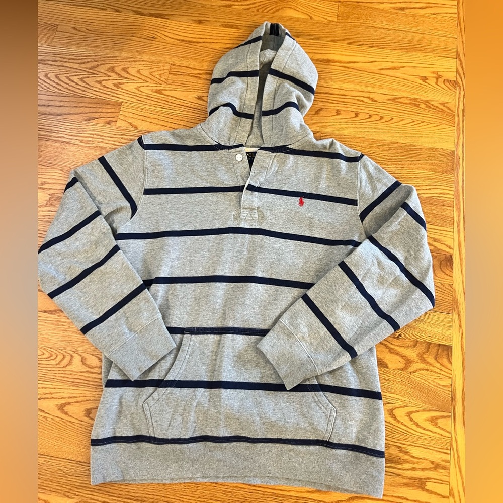 Ralph Lauren quarter button up with hood. Gray, YOUTH XL. Great condition.